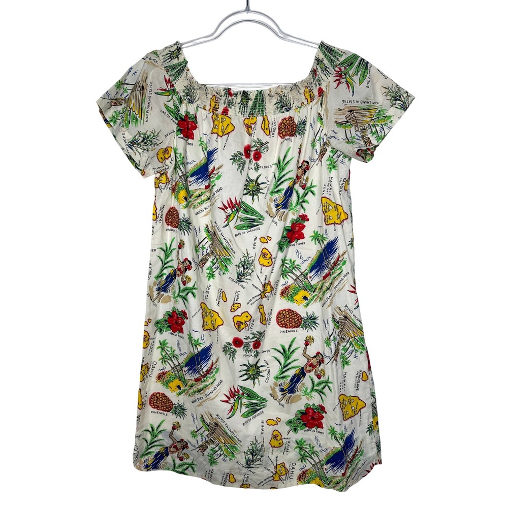 J Crew Smocked Off the Shoulder Dress Size 10 White Hawaiian Tropical Beach